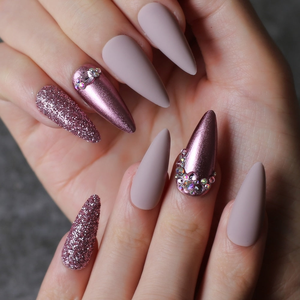 Stiletto Nude Fake nails Rose metal crystal false nails red glitter full set long go custom Salon Burgundy press on nails