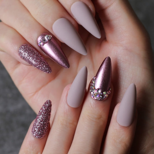 Stiletto Nude Fake nails Rose metal crystal false nails red glitter full set long go custom Salon Burgundy press on nails