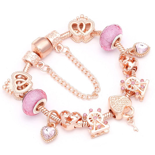 BAOPON New Heart &amp; Key Pendant Rose Gold Color Fine Bracelets &amp; Bangles Ferris Wheel Beads Charm Bracelet For Women Jewelry Gift