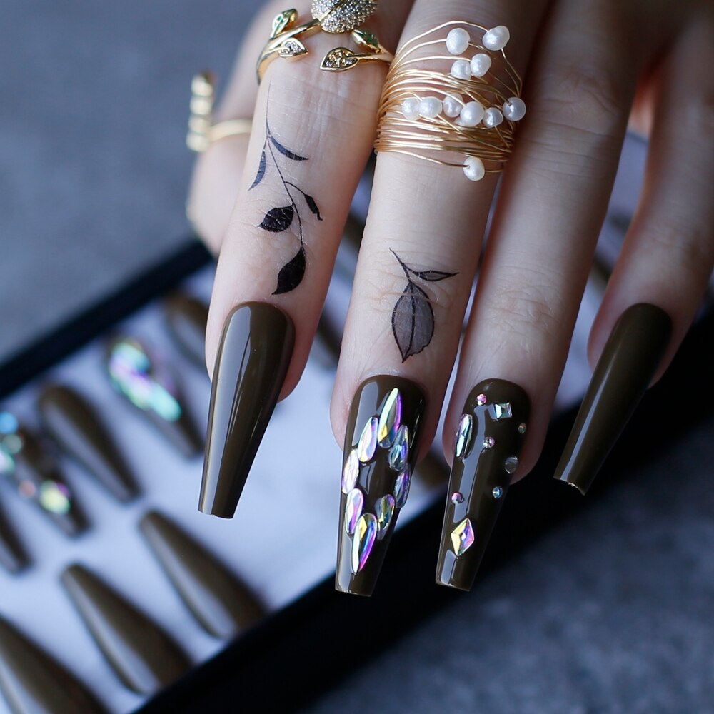 Gel Deep Olive green Bling crystal Luxury Acrylic nails fake nails ballet UV glossy reuse Black box Extra Coffin false nails