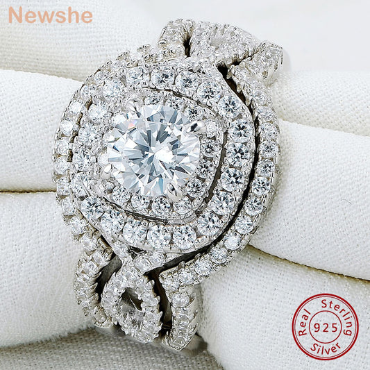 Newshe 3Pcs 925 Sterling Silver Wedding Rings Set for Women CZ Simulated Diamond Bridal Engagement Ring Luxury Jewelry