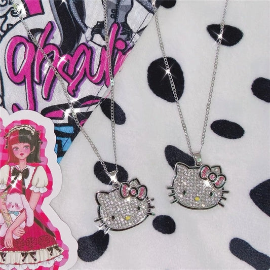 HELLO Kitty Sanrio Necklace Silver Color Single Layer Shining Bling Women Clavicle Chain Elegant Charm Wed Pendant Jewelry Gift